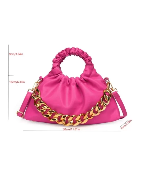 Neon-Pink Funky Chain Decor Ruched Bag - Image 2
