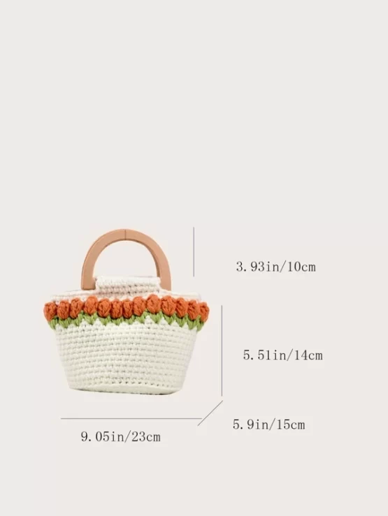 Flower Decor Crochet Double Handle Bag - Image 2