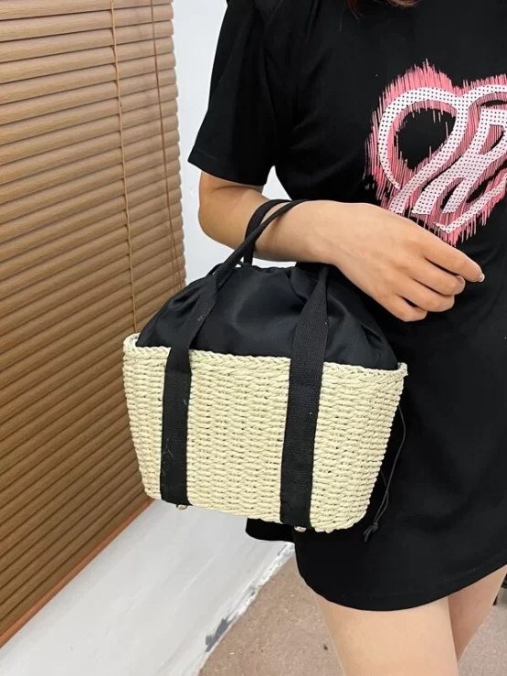 Two Tone Drawstring Design Straw Double Handle Bag - Image 2