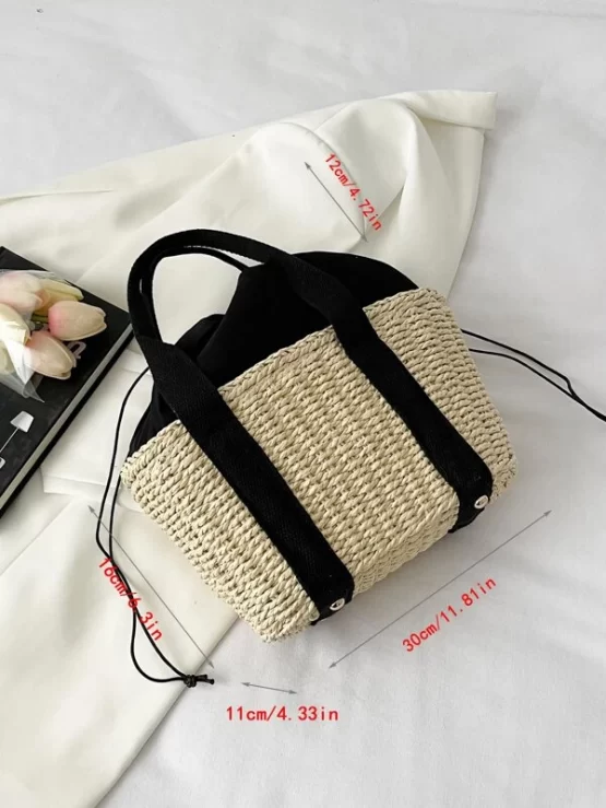 Two Tone Drawstring Design Straw Double Handle Bag - Image 3
