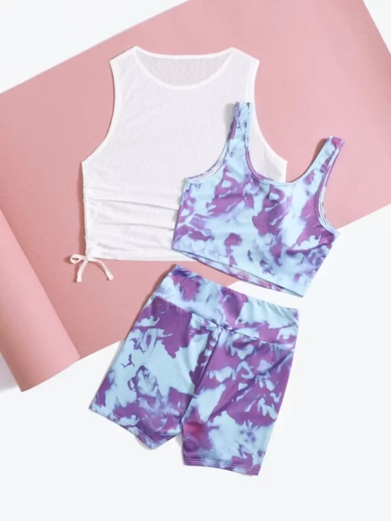 Three Pieces Tie Dye Drawstring Wide Waistband Sports Set - Image 2