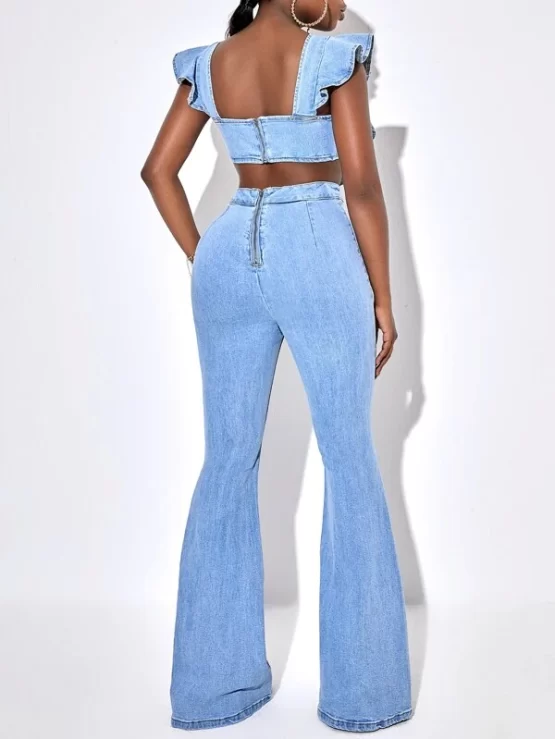 Cut Out Ruffle Trim Flare Denim Leg Jumpsuit - Image 2