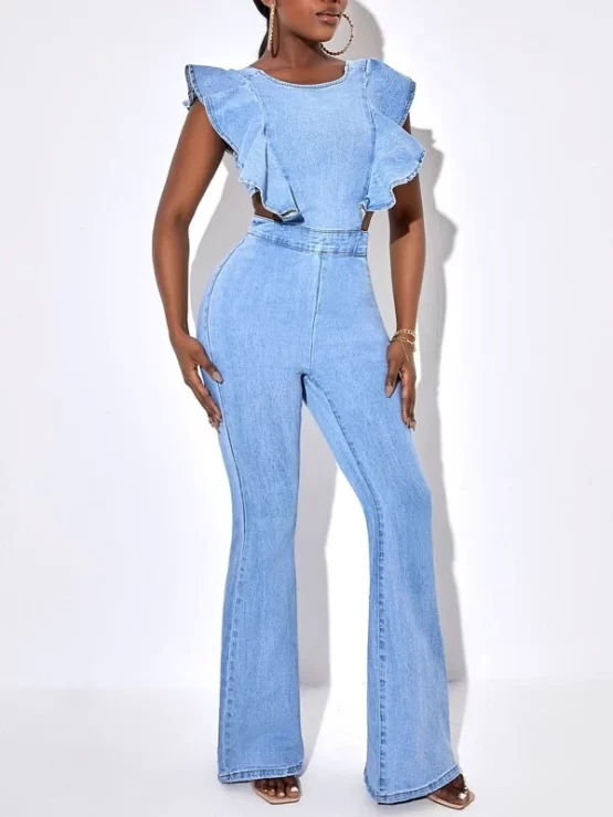 Cut Out Ruffle Trim Flare Denim Leg Jumpsuit - Image 3