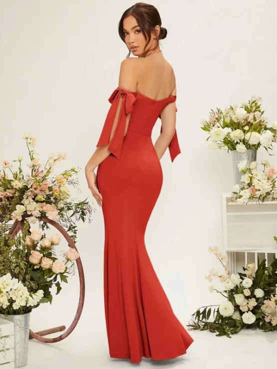 Off Shoulder Knot Side Ruched Wrap Bridesmaid Hem Dress - Image 2