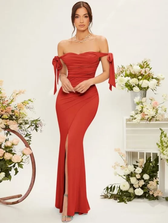 Off Shoulder Knot Side Ruched Wrap Bridesmaid Hem Dress - Image 3
