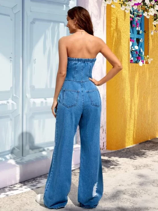 Ripped Button Front Backless Tube Denim Front Jumpsuit - Image 3