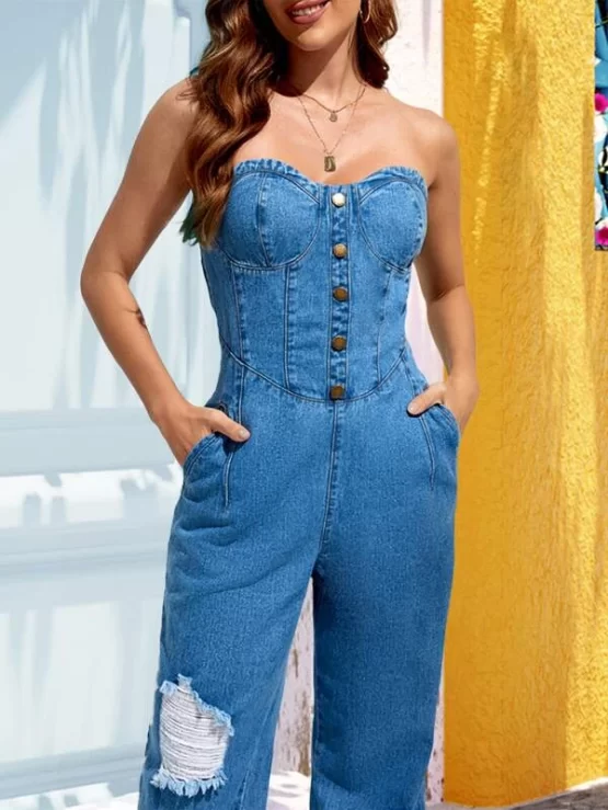Ripped Button Front Backless Tube Denim Front Jumpsuit - Image 2