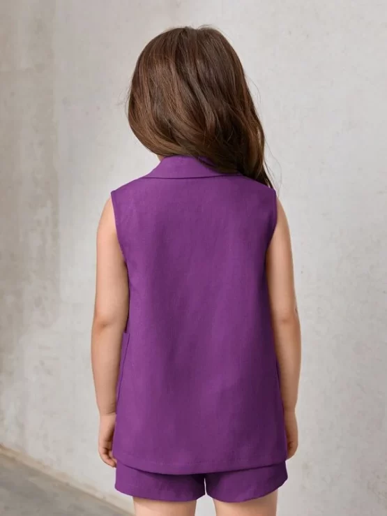Toddler Girls Dual Pocket Double Button Vest Blazer With Cami Top & Shorts - Image 3