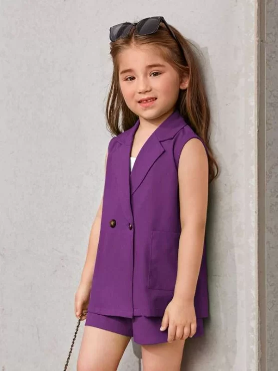 Toddler Girls Dual Pocket Double Button Vest Blazer With Cami Top & Shorts - Image 2