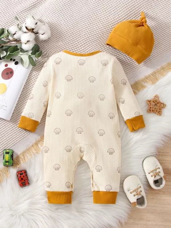 Baby Shell Contrast Trim Print Jumpsuit & Hat - Image 2