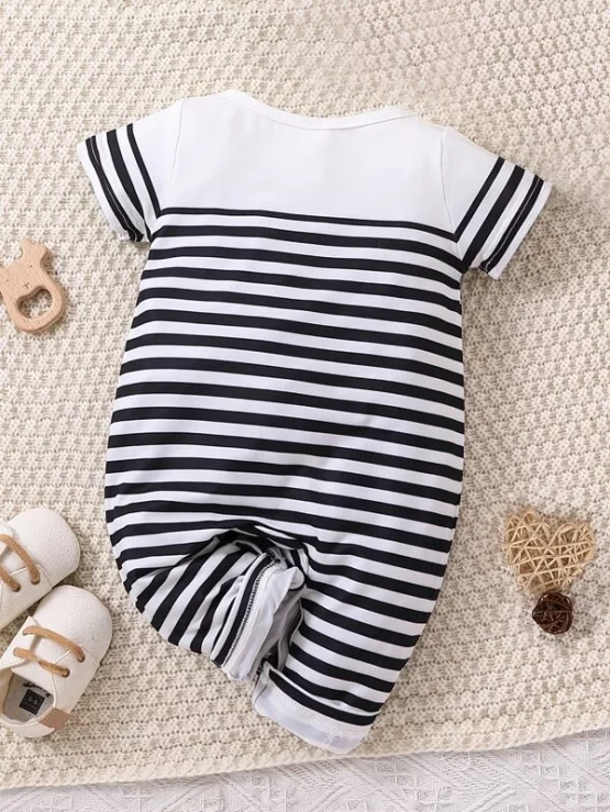 Baby Striped Print Heart Patched Detail Tee Jumpsuit - Image 2