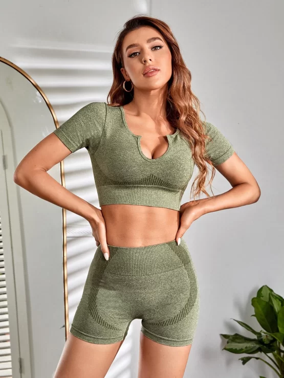Notched Neck Plain Scrunch Butt Sports Set - Image 2