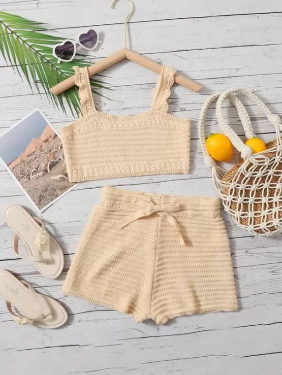 Teen Girls Scallop Trim Crop Cami Top & Knotted Shorts