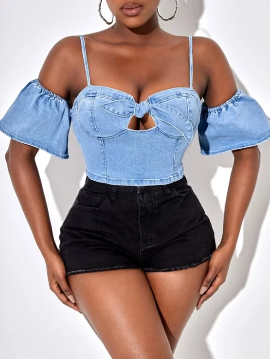 Cold Shoulder Knot Front Cut Out Denim Top