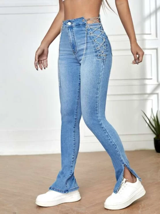 Chain Lace Up Split Zipper Hem High Waist Jeans