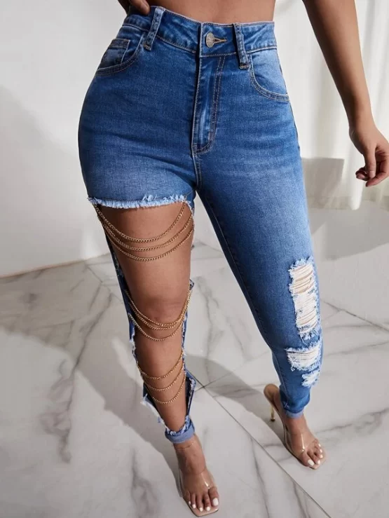 Ripped Button Chain Cut Out Detail High Waist Jeans