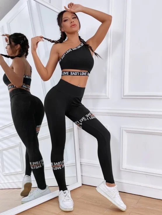 Cut Out Contrast Letter Tape One Shoulder Sports Set