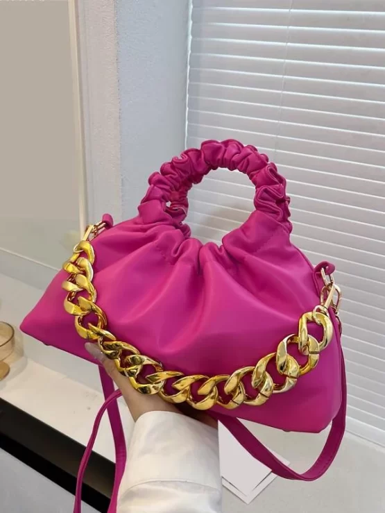 Neon-Pink Funky Chain Decor Ruched Bag