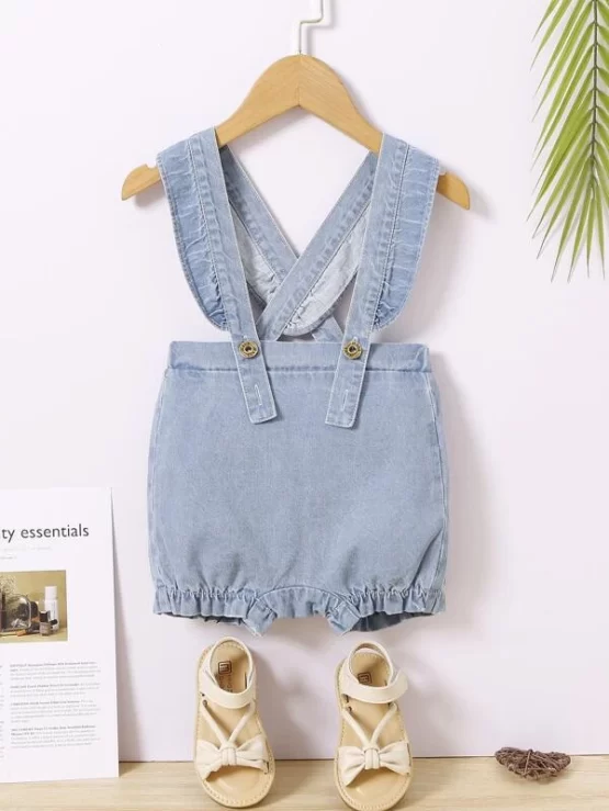 Baby Plain Button Ruffle Trim Overall Romper