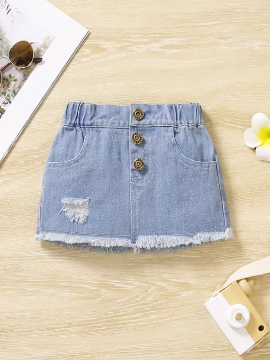 Baby Ripped Raw Hem Button Front Cut Denim Skirt