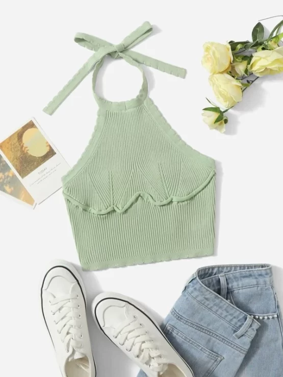 Teen Girls Plain Casual Seam Halter Rib Knit Top