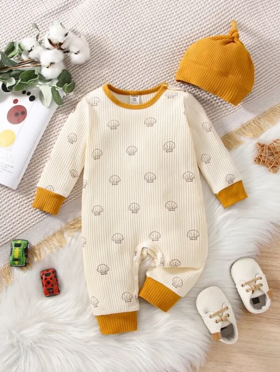 Baby Shell Contrast Trim Print Jumpsuit & Hat