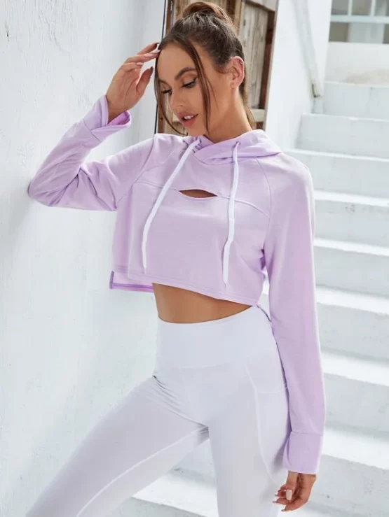 Cut Out Raglan Sleeve Drawstring Crop Sports Hoodie