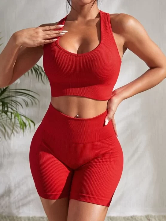 Plain Ribbed Knit Shorts Racerback Sports Set