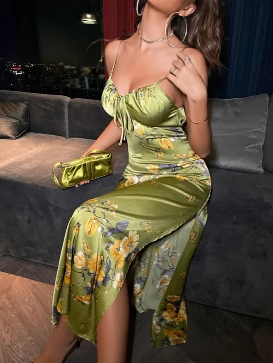 Floral Print Knot Front Split Thigh Satin Cami Dress
