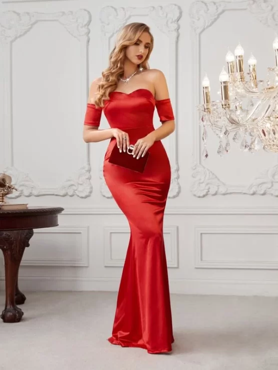 Off Shoulder Floor Length Satin Prom Dress