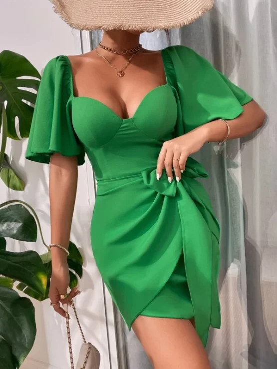 Bustier Flutter Plain Sleeve Wrap Hem Dress