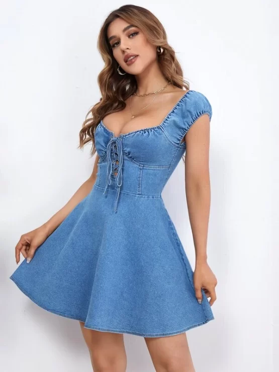 Washed Sexy Lace Up Zip Denim Back Dress