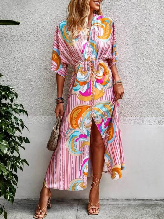 Graphic & Striped Frill Pearls Split Hem Batwing Sleeve Dress