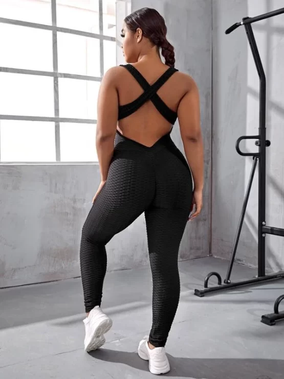 Plus Criss Cross Backless Textured Sports Jumpsuit
