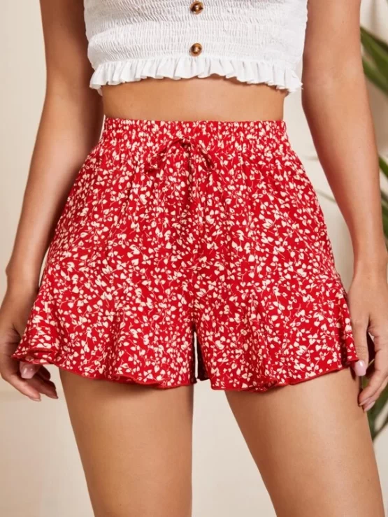 Plant Print Knotted Ruffle Hem Wrap Skort