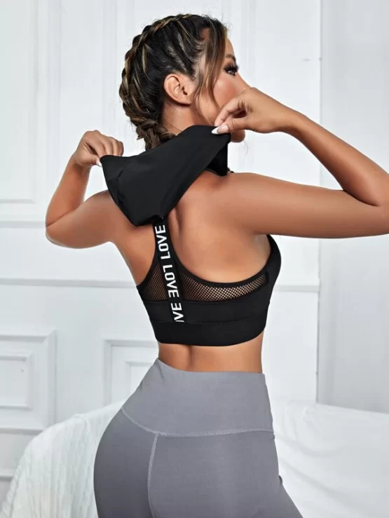 Light Support Letter Tape Contrast Mesh Hooded Sports Bra