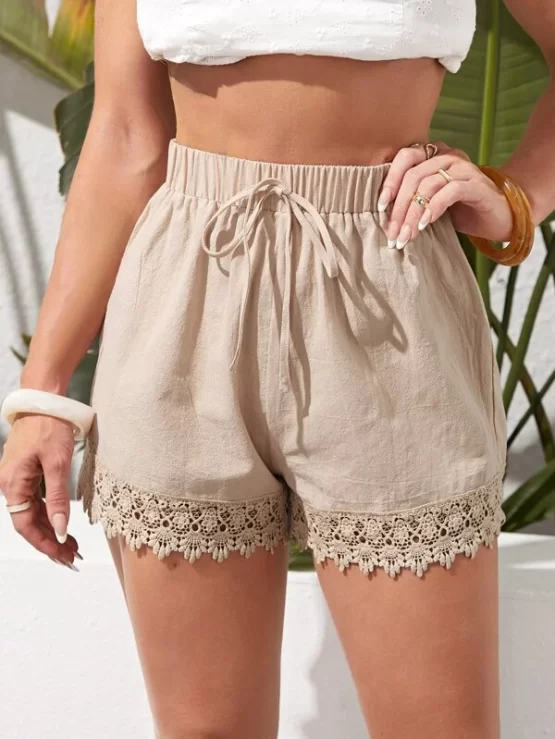 Knot Drawstring Waist Lace Solid Hem Shorts