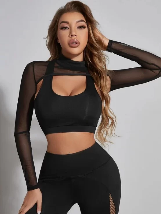 Racerback Solid Crop Sports Bra With Sheer Mesh Super Crop Top