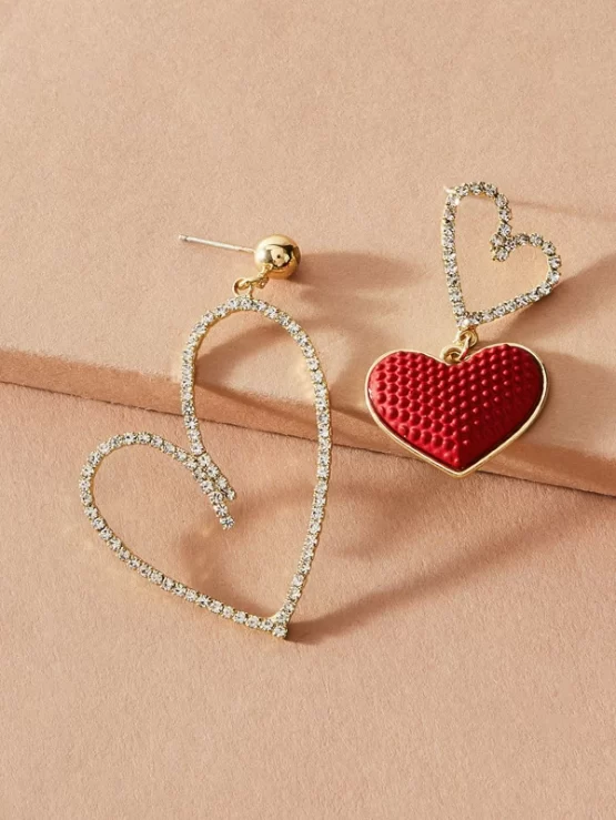 One Pair Asymmetry Rhinestone Decor Heart Drop Earrings