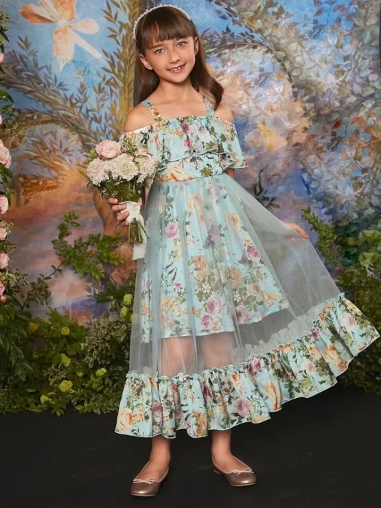 Girls Floral Print Cold Shoulder Mesh Dress