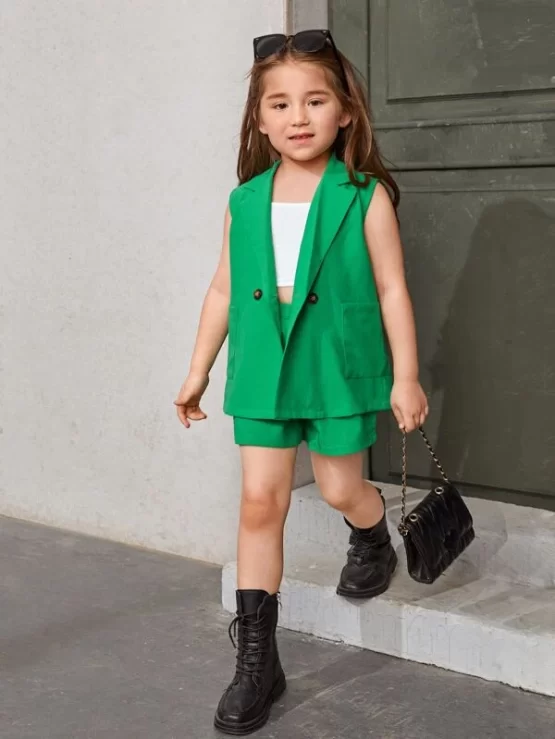 Toddler Girls Dual Pocket Double Button Vest Blazer With Cami Top & Shorts