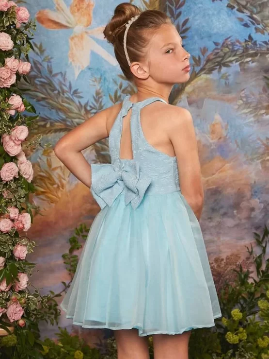 Girls Floral Jacquard Bow Organza Halter Back Dress