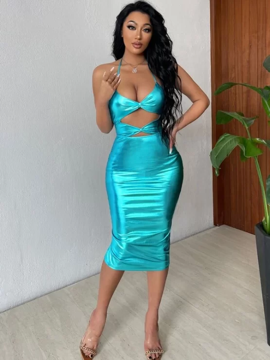Ruched Cut Out Tie Backless Metallic Halter Bodycon Dress
