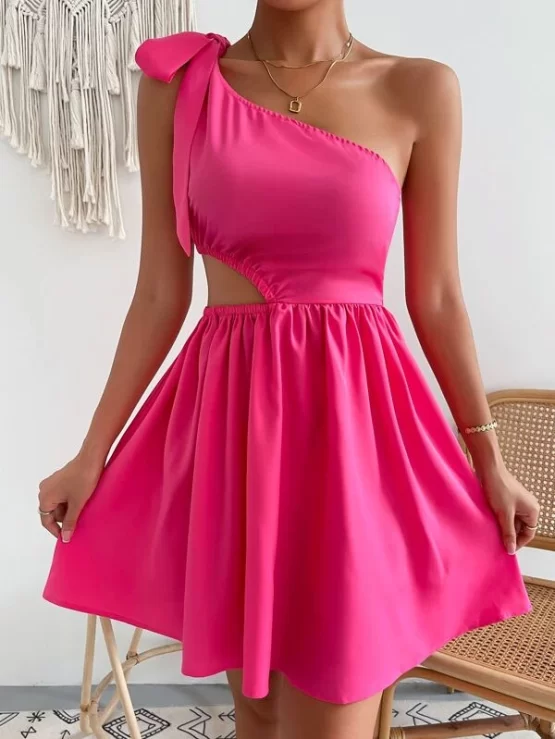 Knot Cut Out Hot Plain One Shoulder Dress