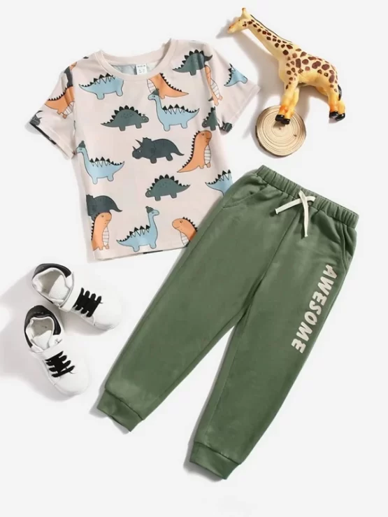 Toddler Boys Dinosaur Print Top & Letter Graphic Sweatpants