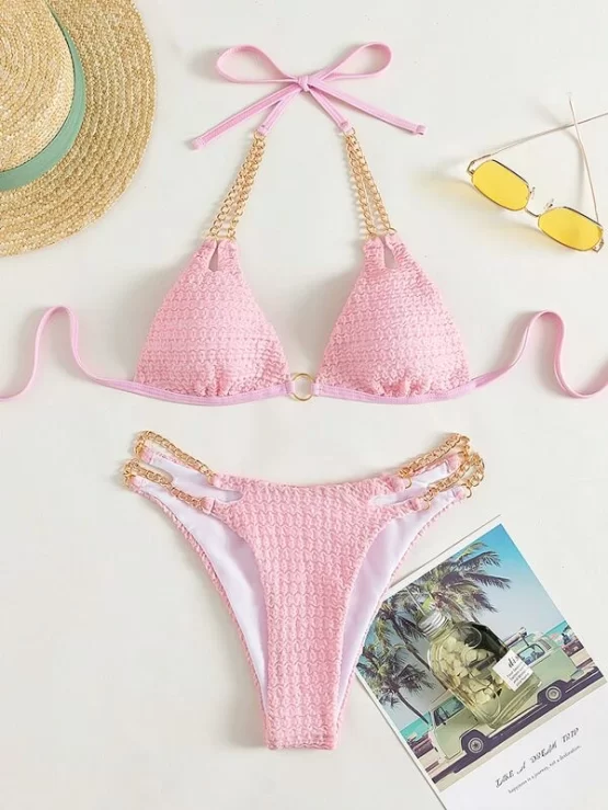 Ring Linked Chain Detail Tie Back Micro Triangle Bikini Swimsuit
