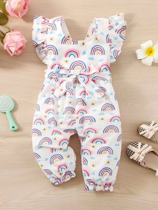 Baby Rainbow & Sun Print Ruffle Trim Overall Jumpsuit
