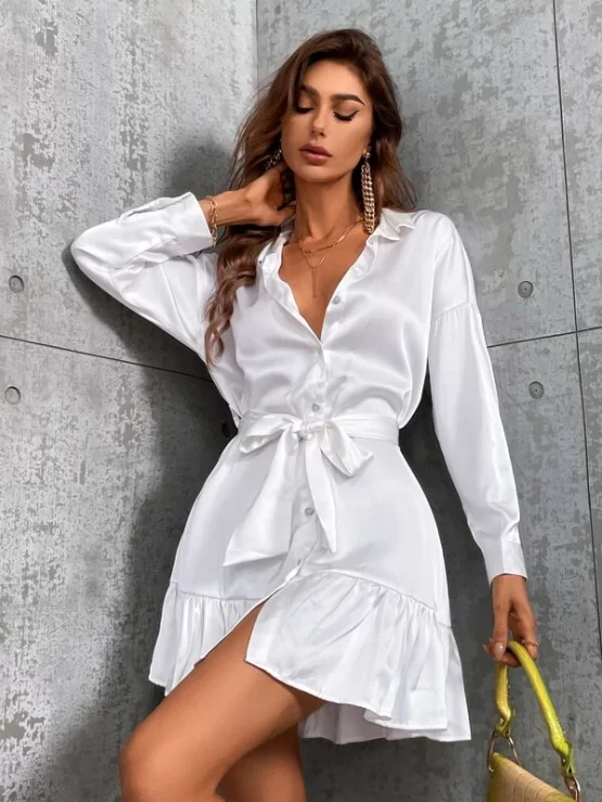Drop Shoulder Button Front Belted Shirt Dress