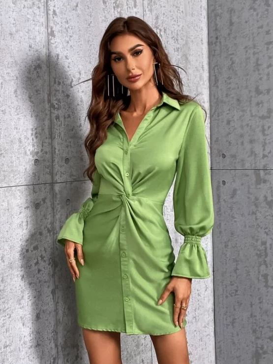 Elegant Twist Ruffle Button Front Shirt Dress