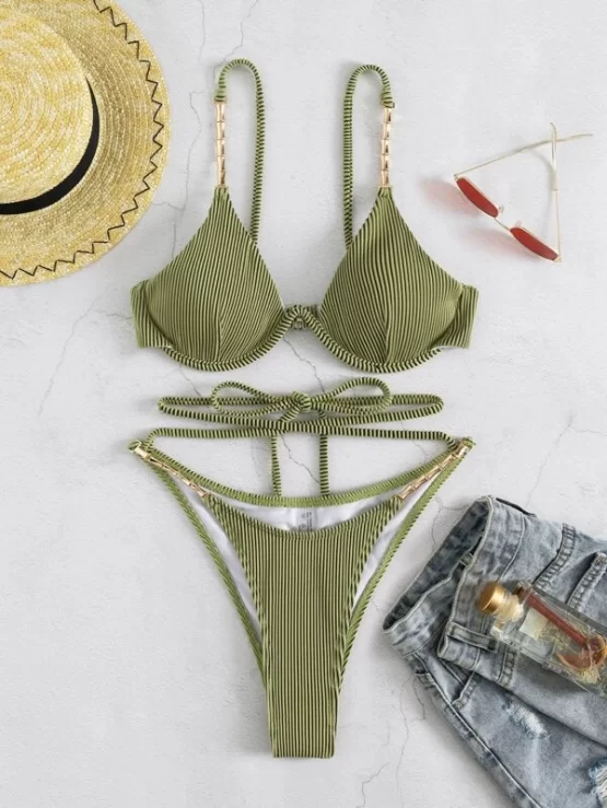 Rib Chain Linked Lace Up Underwire Bikini Swimsuit